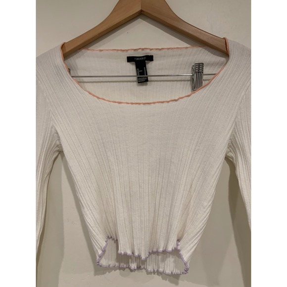 Y2K Forever 21 Ribbed Crop Top White Coquette Lettuce Hem Long Sleeve Baby Tee M - Picture 2 of 9